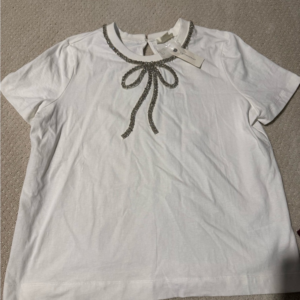 Maeve White Short-Sleeve Tee with Silver Beaded Bow